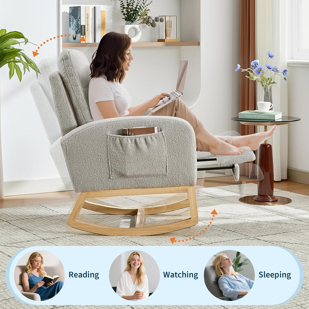 Rocking Chair Nursery Chairs with Foot Rest, Recliner Armchair with High Backrest& Wood Legs and Side Pocket for Living Room,Bedroom,Light Gray