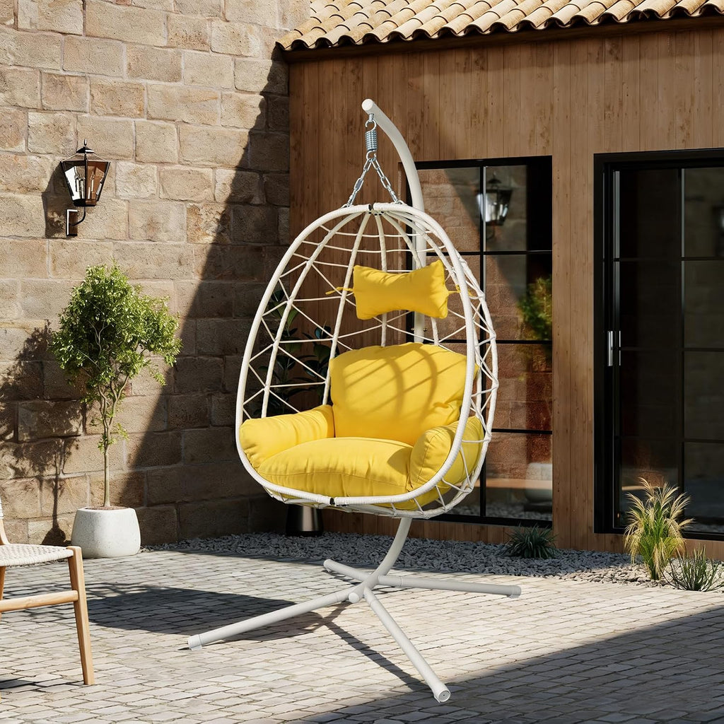 Egg Chair with Stand, Wicker Hanging Chair for Outdoor Patio, Cushioned Hammock Swing for Bedroom Garden Indoor/Outdoor, Double-Zipper Structure Hanging Egg Chair (White and Yellow)