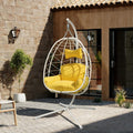 Egg Chair with Stand, Wicker Hanging Chair for Outdoor Patio, Cushioned Hammock Swing for Bedroom Garden Indoor/Outdoor, Double-Zipper Structure Hanging Egg Chair (White and Yellow)