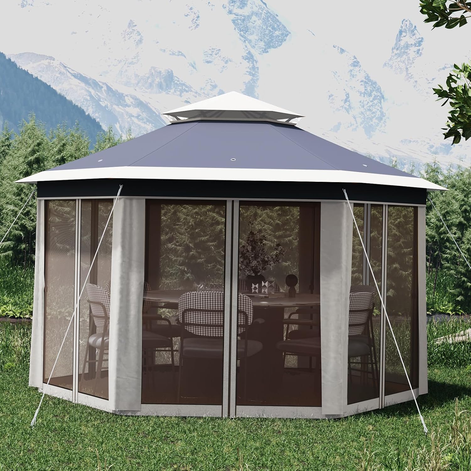 13' x 13' Pop-Up Gazebo Canopy Tent with Zippered Mesh Sidewalls and Carrying Bag, Event Tent Shelter for Patio Garden Backyard, Blue and Beige