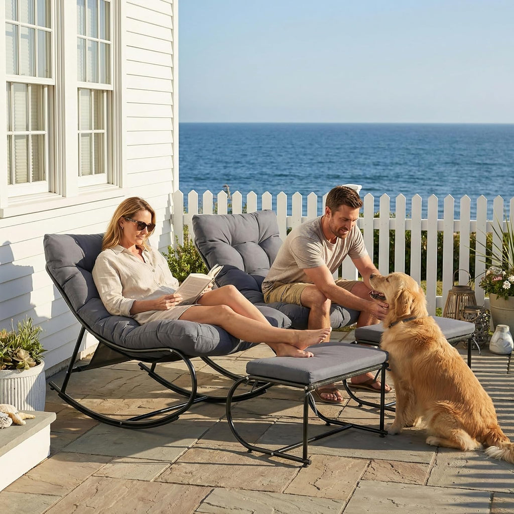 Upholstered Outdoor Rocking Chairs, Modern Patio Rocking Chair Set of 2 with Foot Rest, Sturdy Metal Papasan Rocking Chair, Cozy Rockings Recliner Chair for Bedroom/Living Room/Lawn, Gray