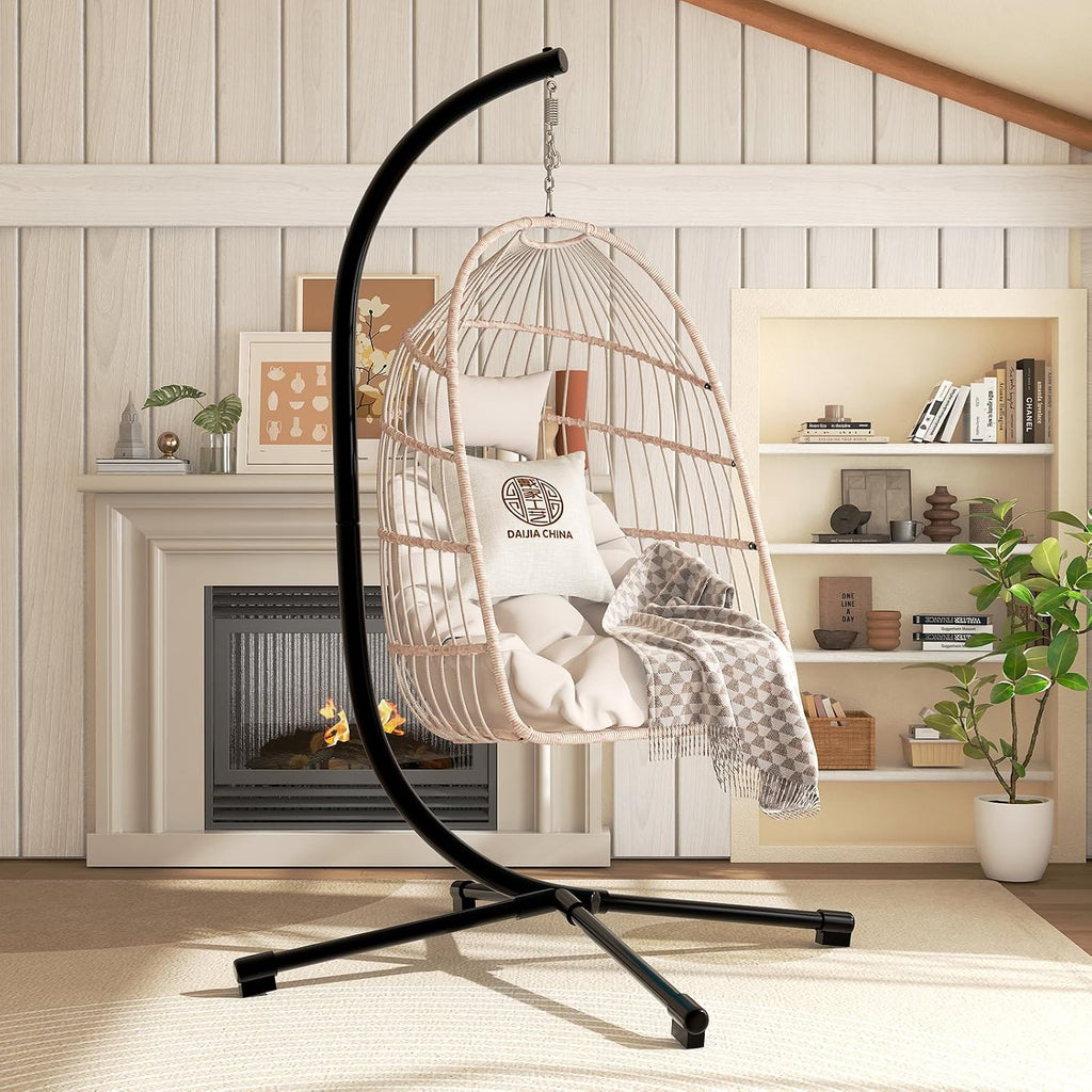 Foldable Hanging Egg Chair with Stand and Pillow, HDPE Rattan and Heavy Duty Aluminum-Steel Frame, Outdoor Patio Wicker Swing Egg Chair with Headrest and Cushioned, 350 Lbs Capacity (Beige)
