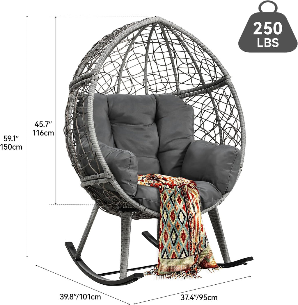 YITAHOME Wicker Rocking Egg Chair with Cushioned Comfort, Patio Rocker 250lb Capacity, Anti-Slip, All-Weather Resilient Rattan Design for Indoor & Outdoor Relaxation Spaces, Grey