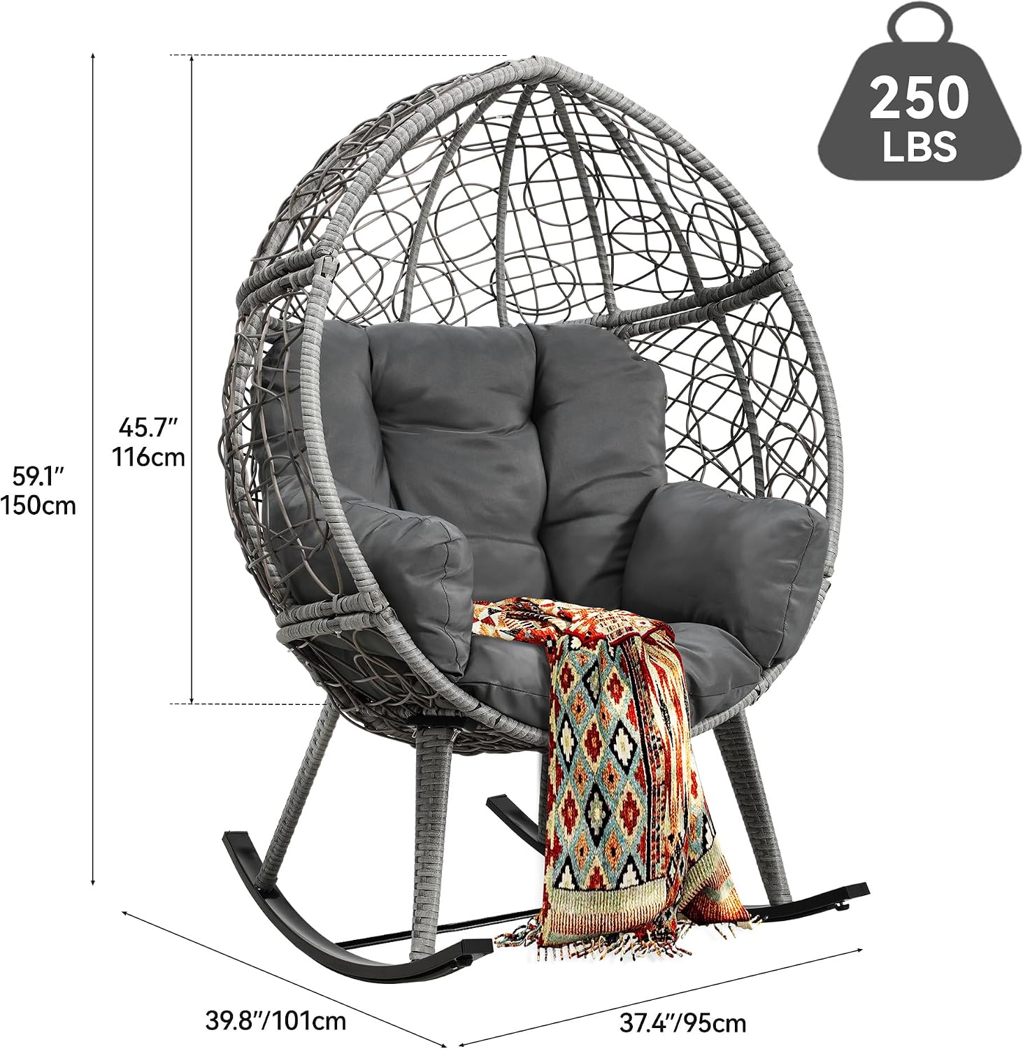 YITAHOME Wicker Rocking Egg Chair with Cushioned Comfort, Patio Rocker 250lb Capacity, Anti-Slip, All-Weather Resilient Rattan Design for Indoor & Outdoor Relaxation Spaces, Grey