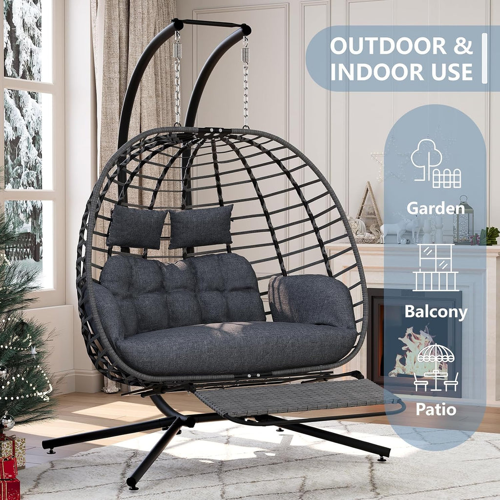 SWITTE Double Egg Swing Chair with Stand & Footrest, Outdoor Patio 2 Person Hanging Wicker Hammock Chairs with Cushion for Indoor Bedroom, Lawn, Garden-Heather Gray