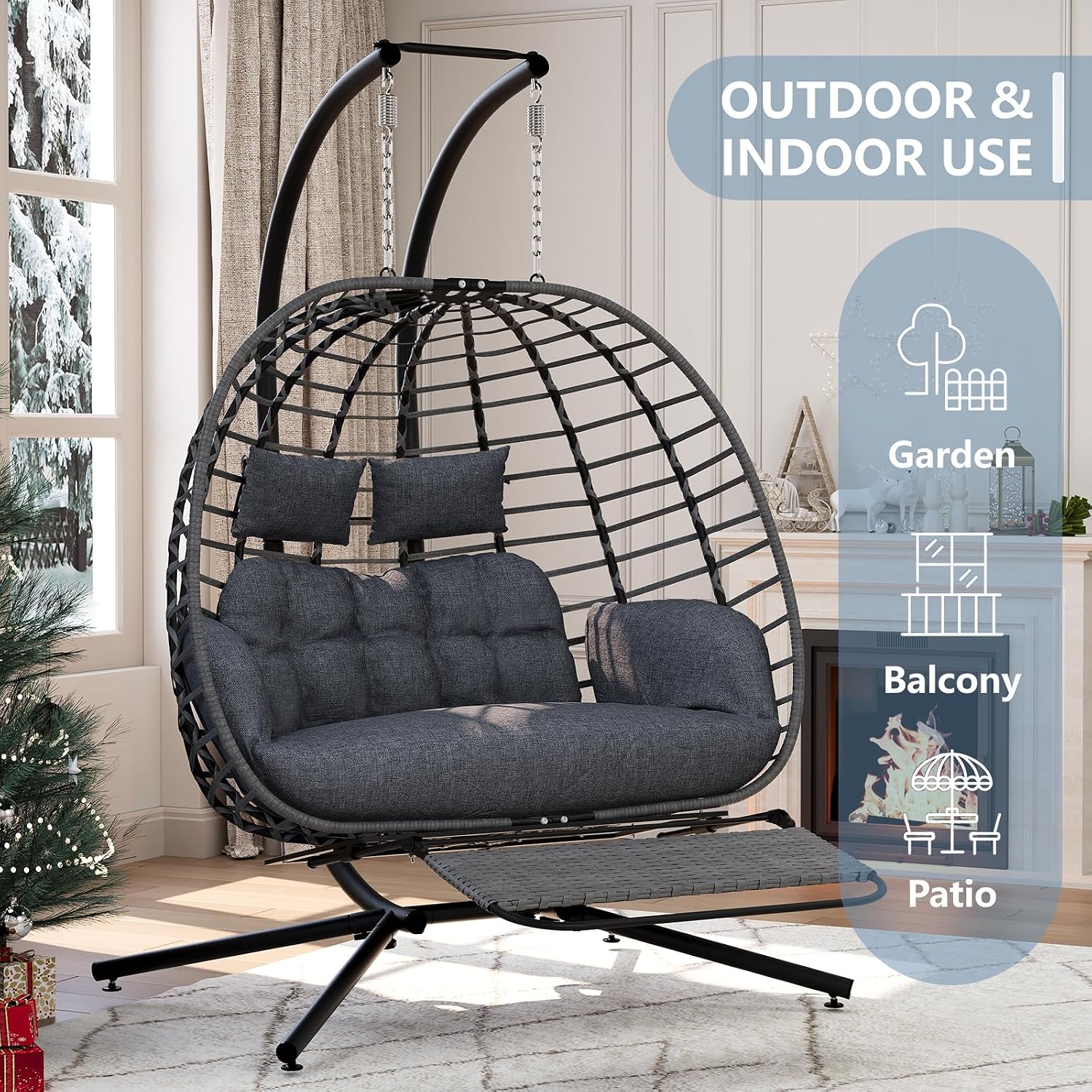 SWITTE Double Egg Swing Chair with Stand & Footrest, Outdoor Patio 2 Person Hanging Wicker Hammock Chairs with Cushion for Indoor Bedroom, Lawn, Garden-Heather Gray