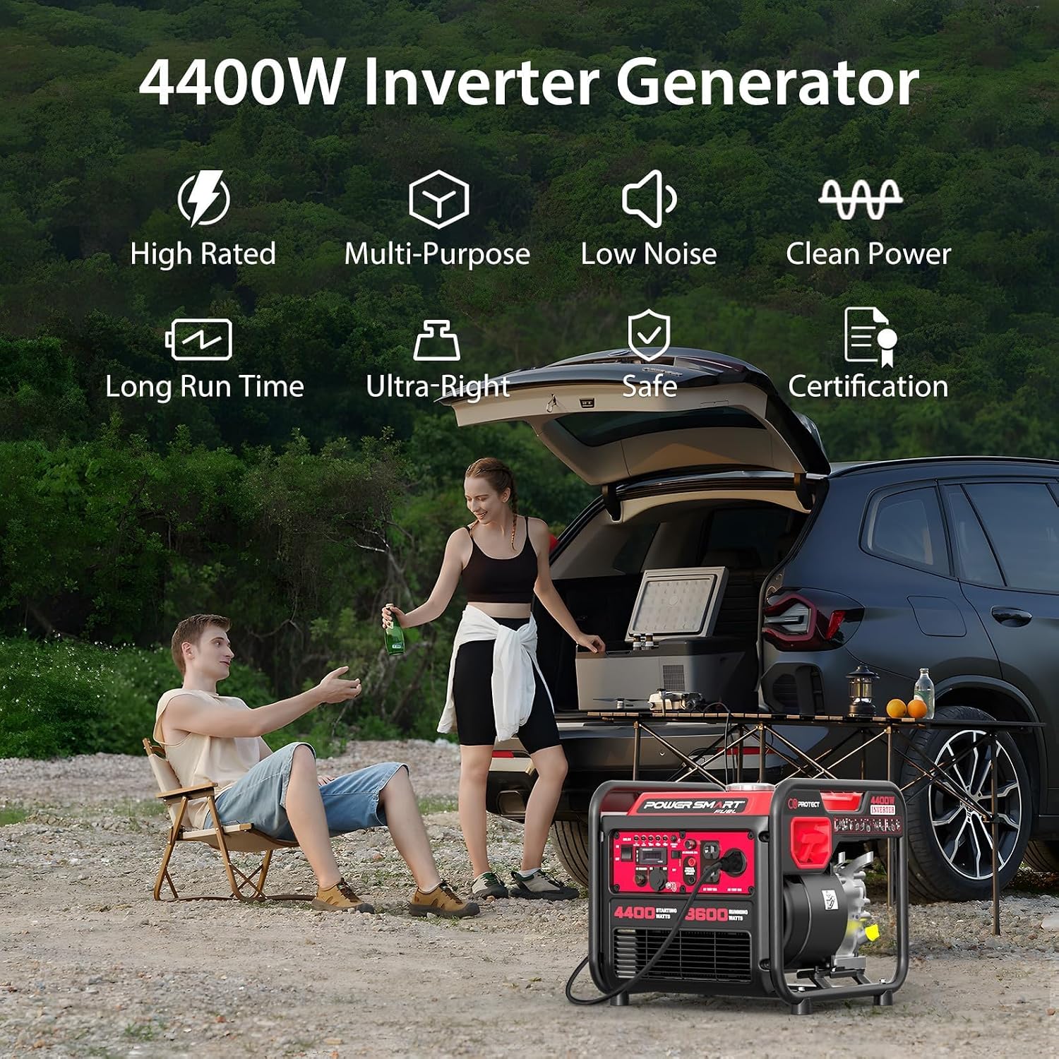 PowerSmart 4400W Portable Inverter Generator, Gas Powered, CO-Sensor, Lightweight & Quiet for Home Use and Emergency Backup, Camping, EPA Compliant
