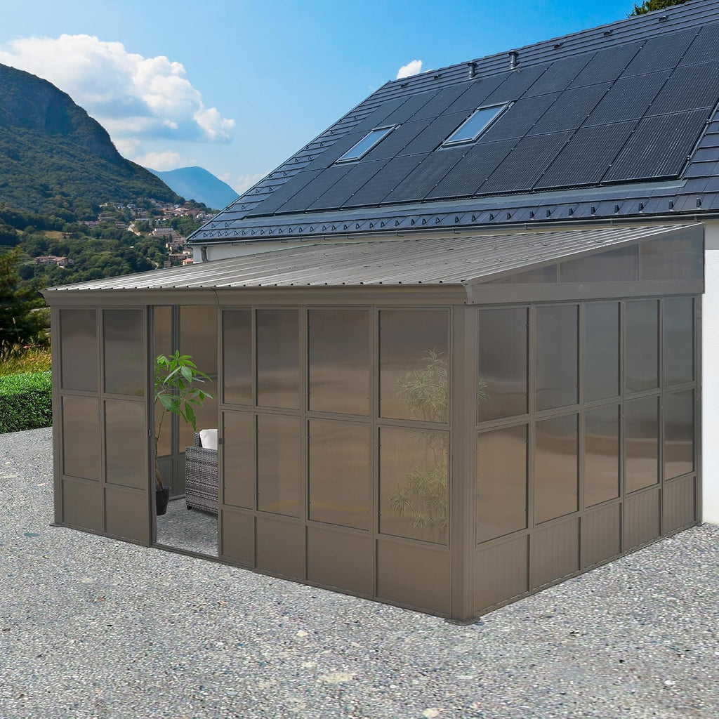 Domi 12x16FT Lean-to Sunroom, Wall Mounted Solarium with Galvanized Steel Sloping Roof, Moveable PVC Screen, Front Door&Side Sliding Door, Outdoor Permanent Gazebo Against Wall Sun Room for Patio Deck