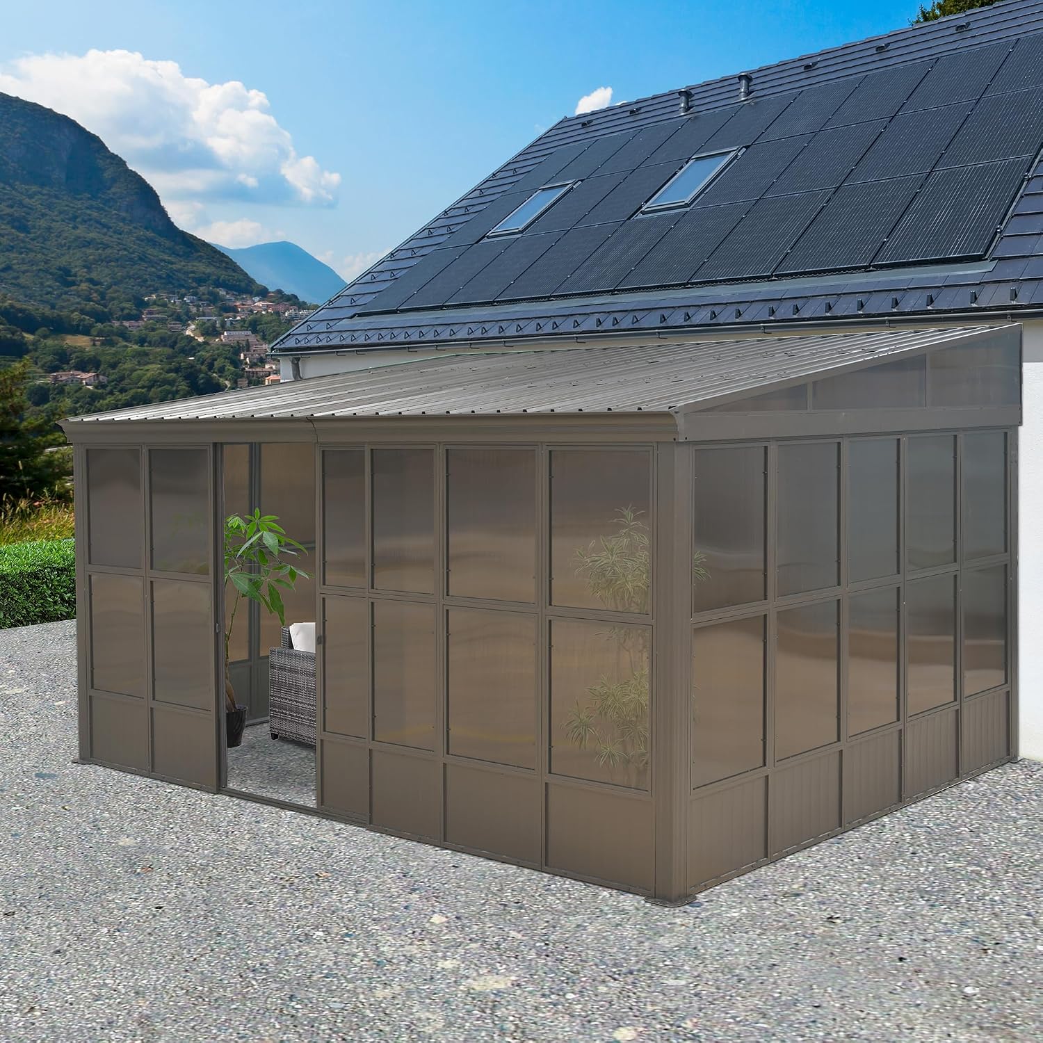Domi 12x16FT Lean-to Sunroom, Wall Mounted Solarium with Galvanized Steel Sloping Roof, Moveable PVC Screen, Front Door&Side Sliding Door, Outdoor Permanent Gazebo Against Wall Sun Room for Patio Deck