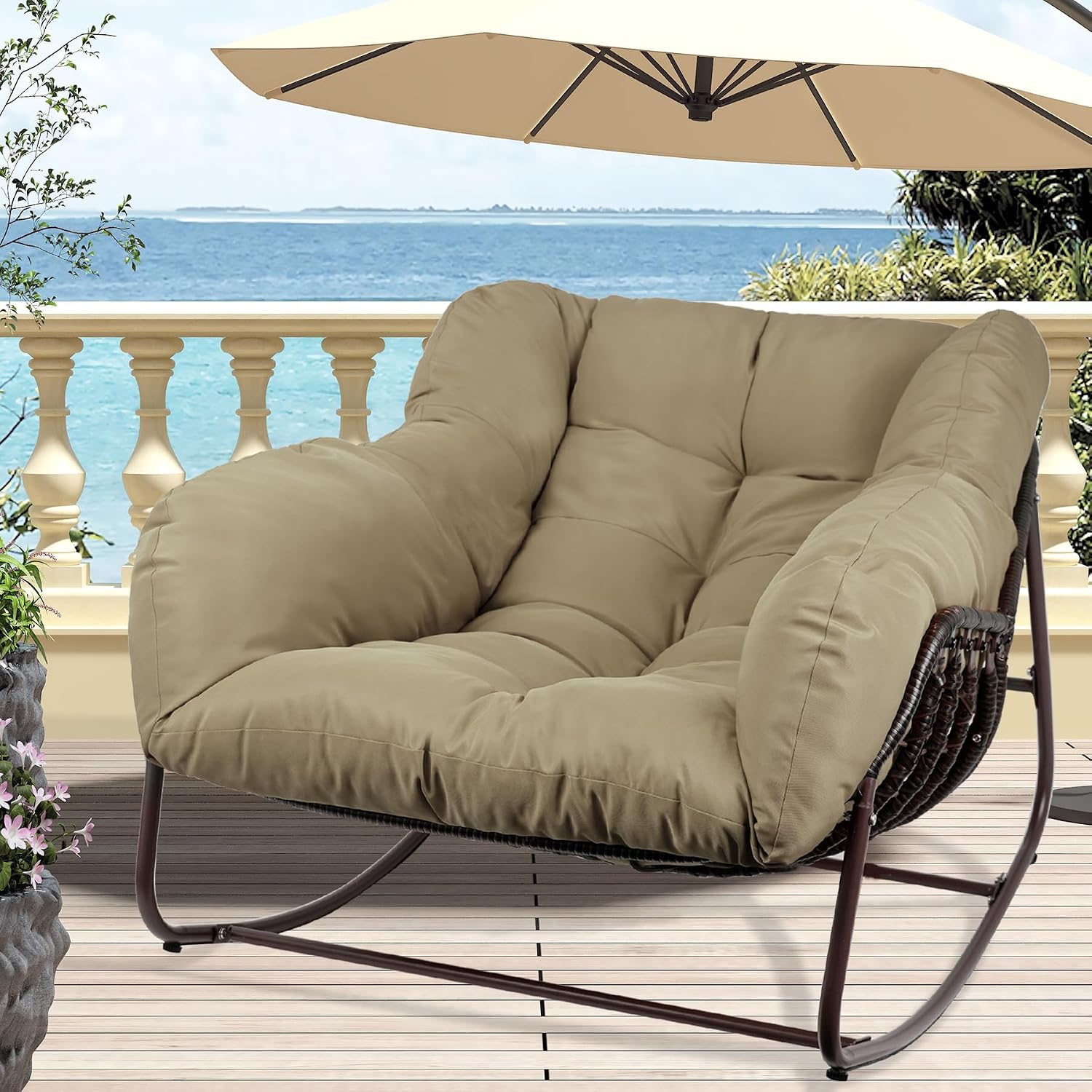 Outdoor Papasan Rocking Chair, Oversized Patio Rocking Chairs with Padded Cushion& Pillow-Comfortable Rocker Egg Chair for Front Porch, Garden, Patio, Backyard,1PC,Khaki