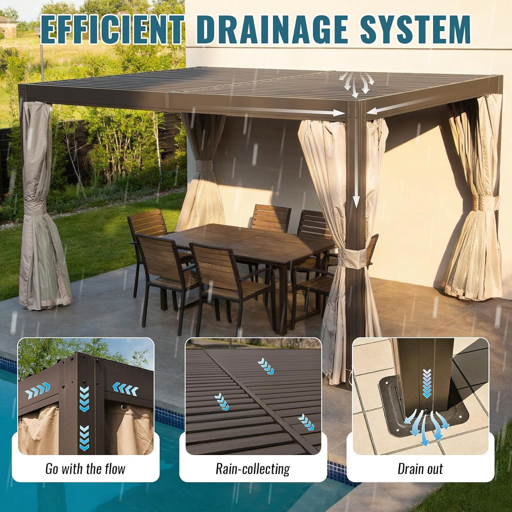 Domi 10x13FT Louvered Pergola Aluminum Structure Outdoor Pergola with Adjustable Roof Patio Pergola for Backyard Garden, Curtains and Netting, Dark Brown