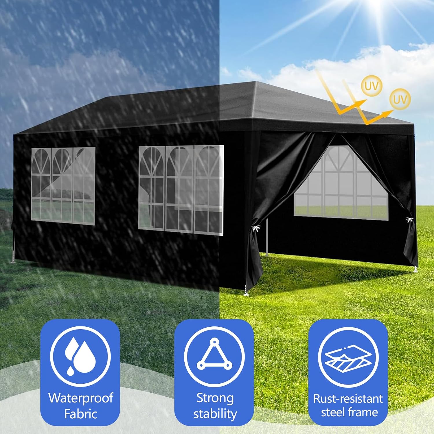 Party Tent for Outdoor Wedding, Birthday, Event, Patio Gazebo, Carport Canopy Shade With Removable Sidewalls & Transparent Window (10'x20'/6 Sidewalls Black)