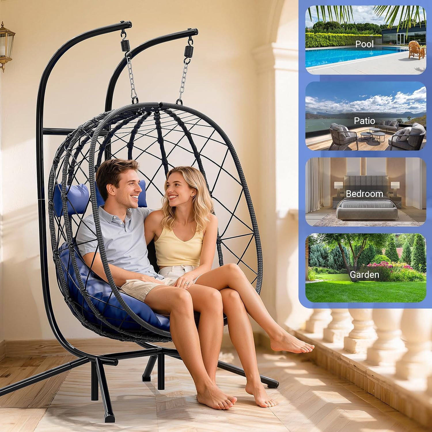 CHABATREE Double Egg Swing Chair with Stand - 2 Person Outdoor Patio Hanging Wicker Hammock Chair with Cushion, Dark Grey, for Garden, Lawn, Bedroom, Indoor/Outdoor Use
