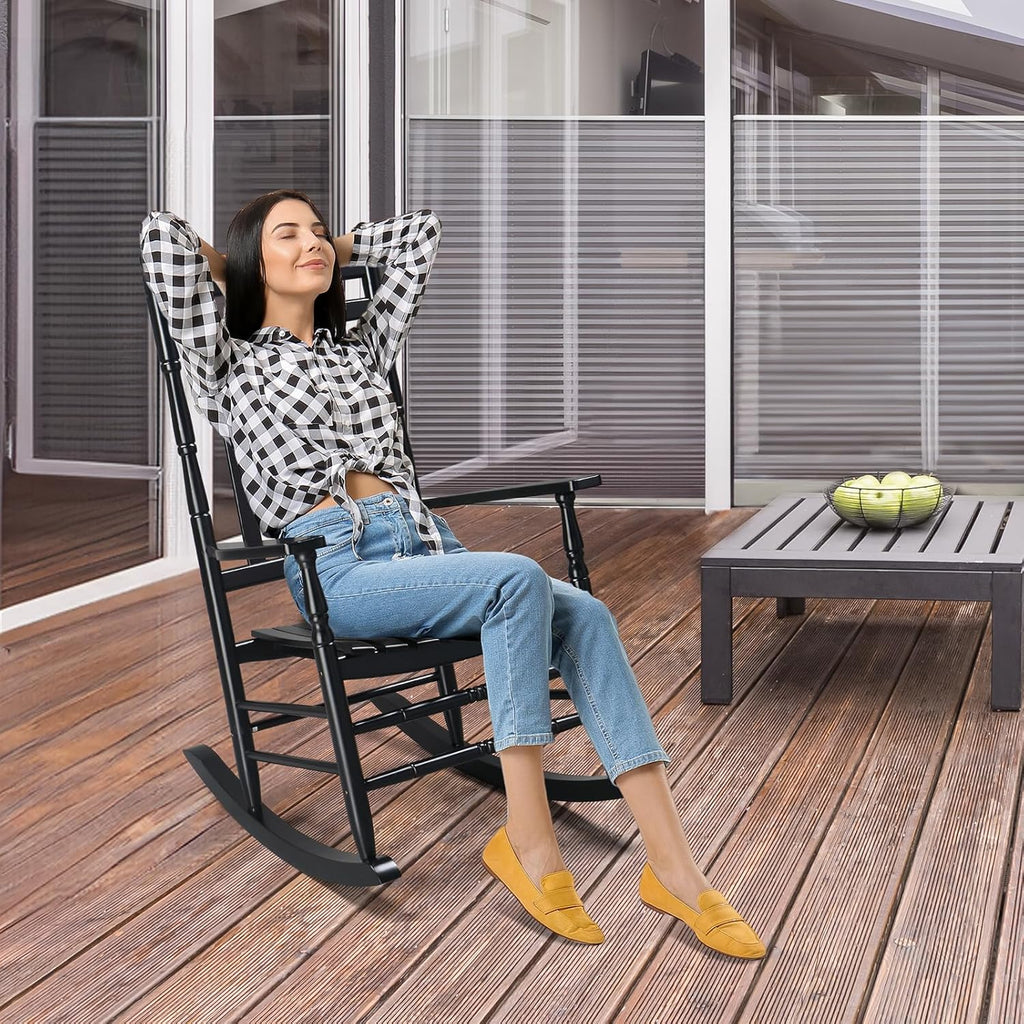 VINGLI Wooden Rocking Chair Outdoor Set of 2, Patio Rockers with High Back, Support 450 LBS Rocking Chairs, for Porch, Patio, Balcony, Garden, Yard (Black, 2 PCS)