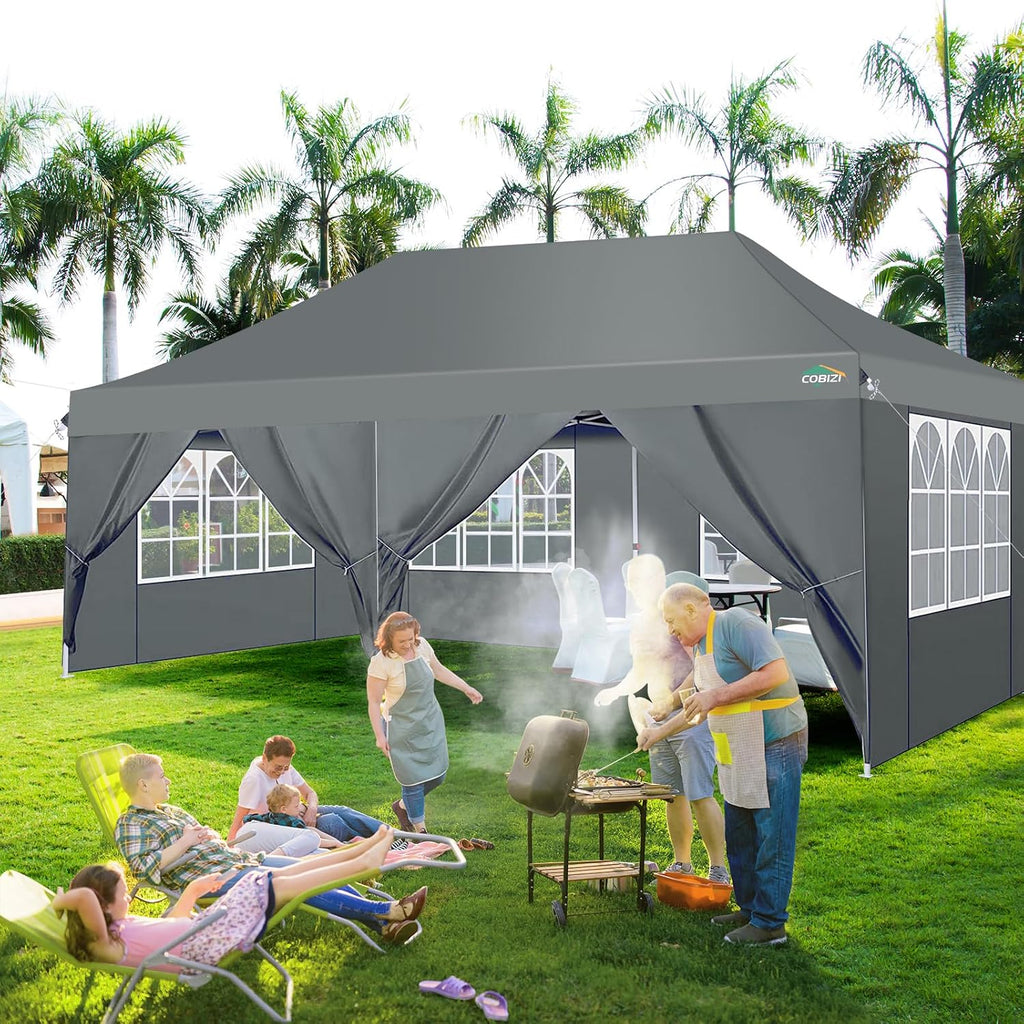 COBIZI 10x20ft Pop Up Canopy Tent with 6 Removable Sidewalls, Easy Up Commercial Canopy, Waterproof and UV50+ Gazebo with Portable Bag, Adjustable Leg Heights,Party Tents for Parties, with 4 Sandbags