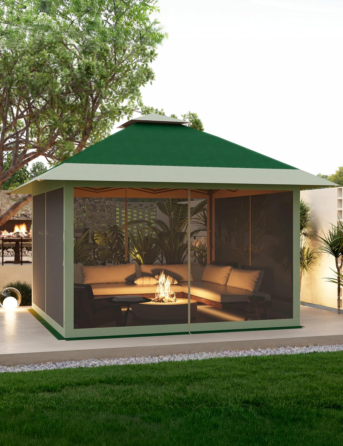 KYBOLT 12x12 Pop Up Gazebo Instant Canopy Tent with Netting 4 Stanbags Outdoor Shelter for Lawn, Garden, Backyard, Deck (Olive Green + Taupe)