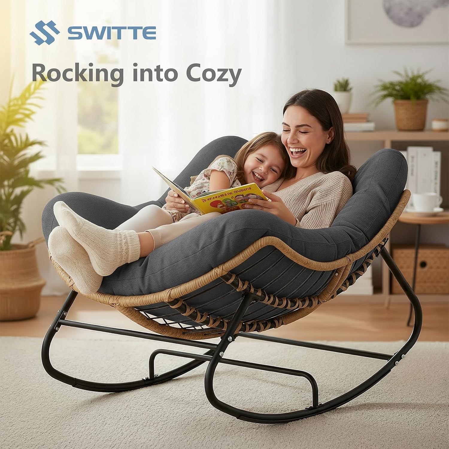 SWITTE Outdoor Rocking Chair, Oversized Patio Papasan Rocker, Comfy Wicker Reading Lounge, Indoor Bed-Like Egg Chair for Bedroom,Balcony, Porch, Garden, Dark Grey