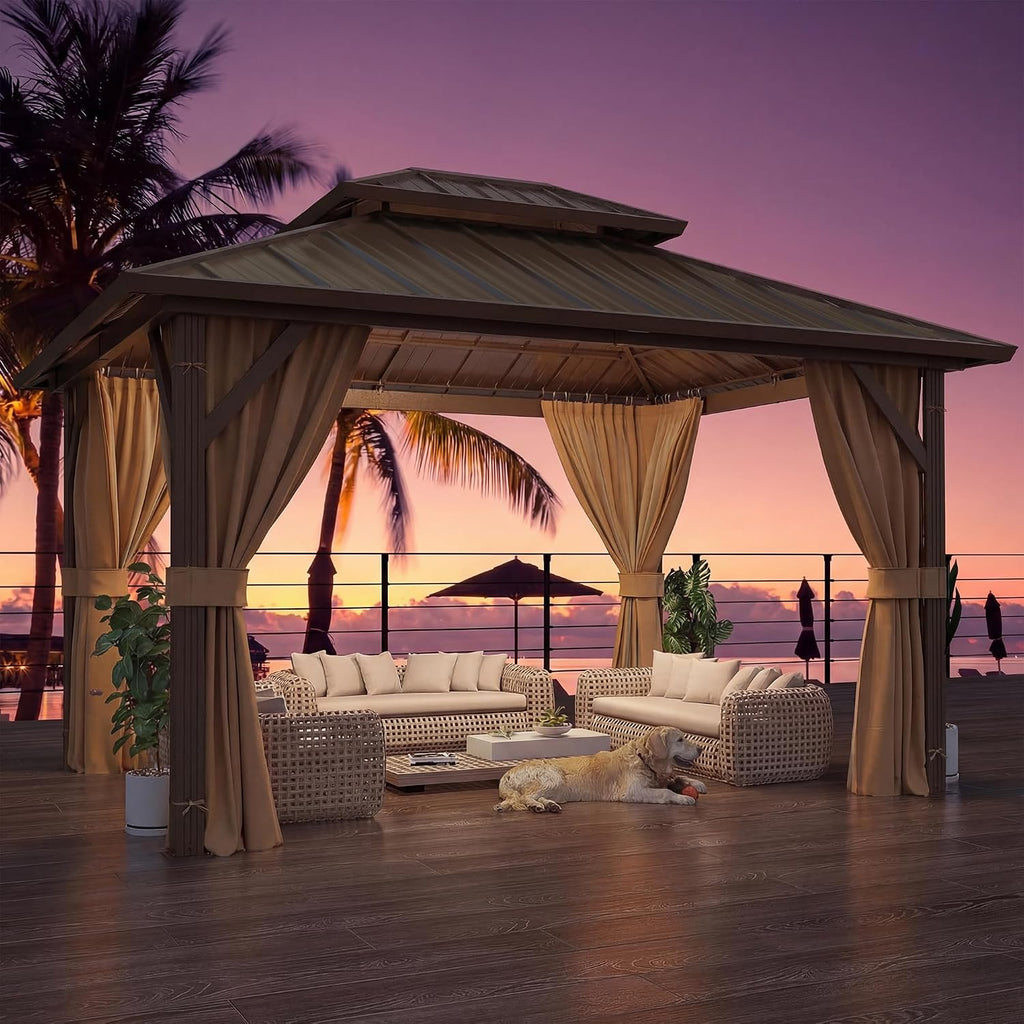 YOLENY 10' x 12' Gazebo Hardtop with Aluminum Frame,Galvanized Steel Double Roof Gazebos with Curtain and Netting,Outdoor Metal Pergolas for Garden, Lawn, Deck, Brown