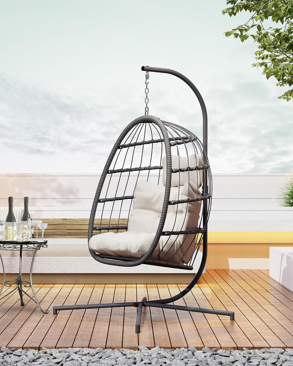 HWB Hanging Egg Chair with Stand, Patio Wicker Egg Swing Chair with Cushion for Bedroom Garden Indoor Outdoor (Beige)