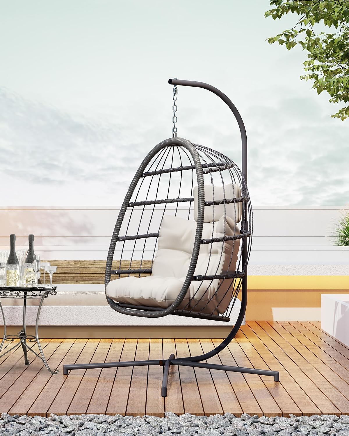 HWB Hanging Egg Chair with Stand, Patio Wicker Egg Swing Chair with Cushion for Bedroom Garden Indoor Outdoor (Beige)