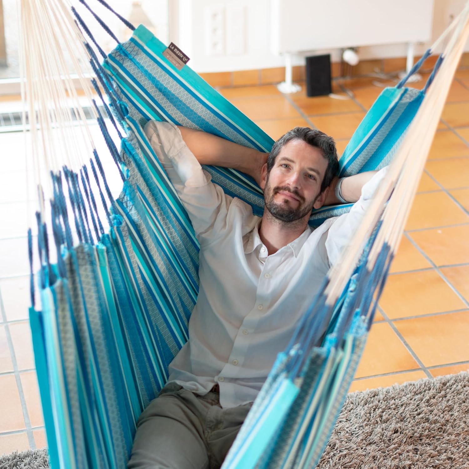 LA SIESTA® - XL King Habana Cotton Hammock Chair & CasaMount - Hanging Chair w/Suspension Kit for Walls Ceilings & Square Beams - Indoor Outdoor Swing Hanging Chair Bedroom Patio Balcony - Azure
