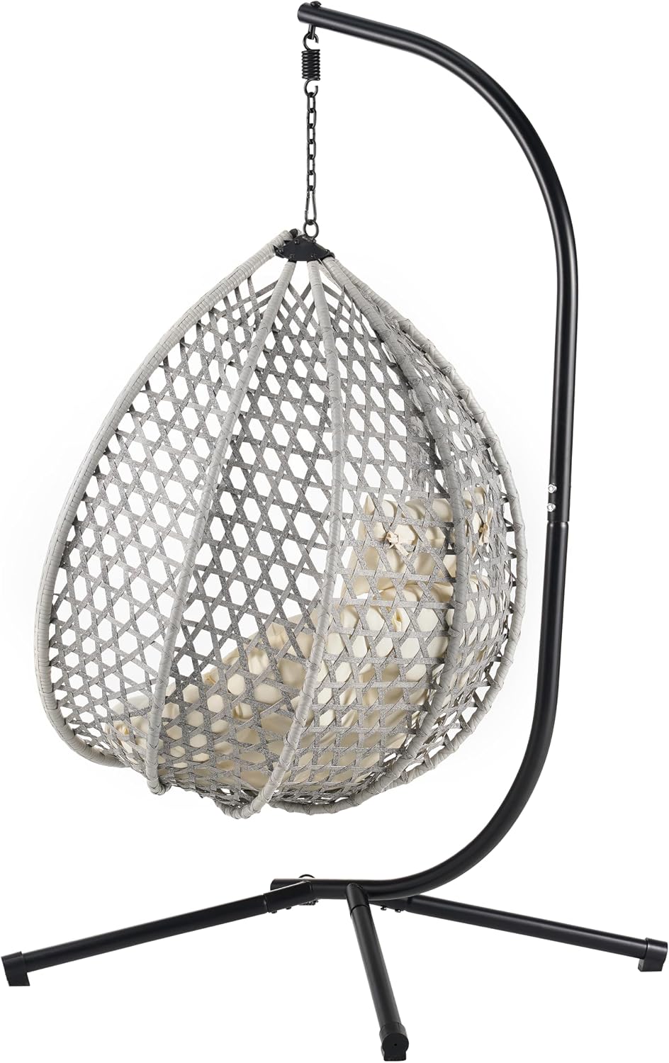 Sturdy Hammock Chair with Stand, Durable Hanging Egg Chair with Rattan Weaving,Comfortable Indoor Outdoor Swing Chairs with Soft Removable Cushion,Suitable for Balcony, Bedroom,or Garden, Gray+Beige