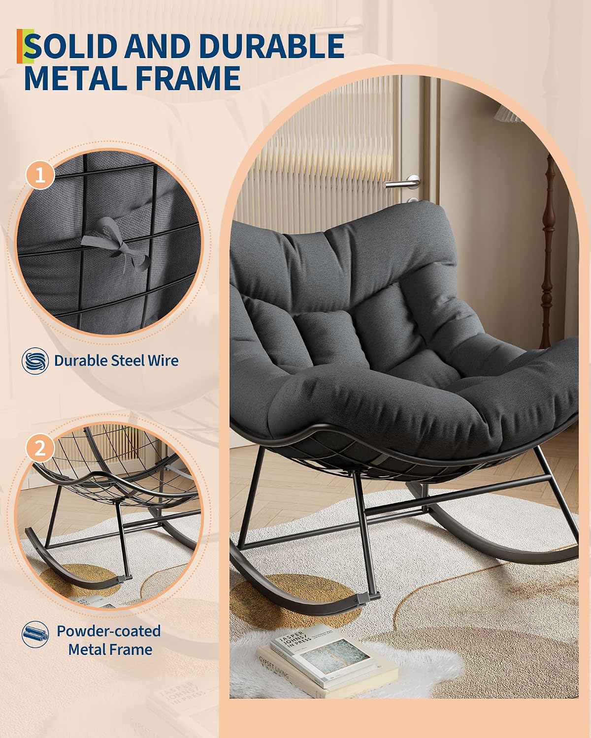 GarveeLife Outdoor Papasan Rocking Chair, Oversized Rocking Chair with Sturdy Metal Frame, Patio Egg Rocker for Balcony Backyard Porch Bedroom, Grey