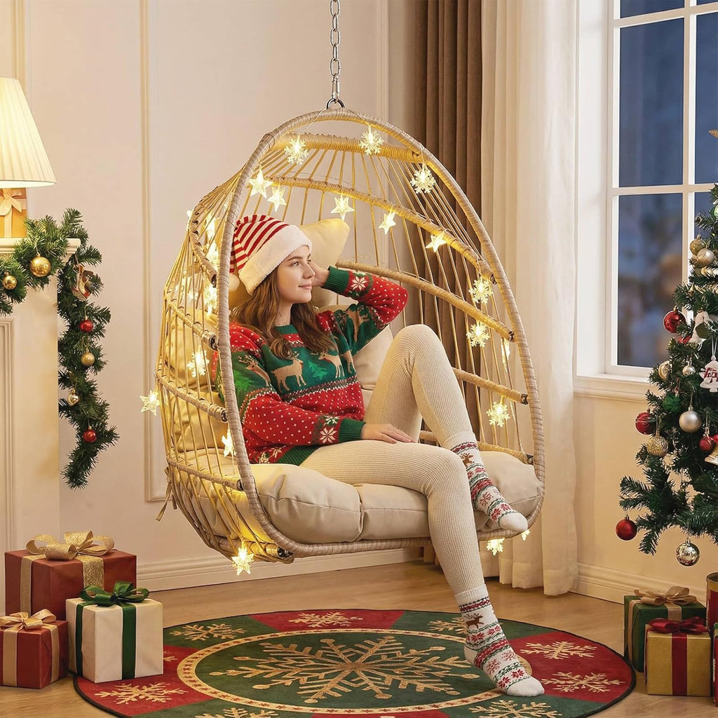 NICESOUL Egg Chair Without Stand Indoor Outdoor, Comfy Patio Wicker Hanging Chair with Cushion, 350lbs Swing Hammock Egg Basket Chairs, All Weather Ceiling/Tree Chairs for Balcony, Beige No Stand