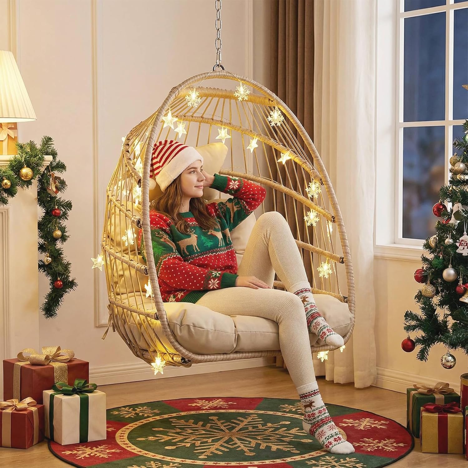 NICESOUL Egg Chair Without Stand Indoor Outdoor, Comfy Patio Wicker Hanging Chair with Cushion, 350lbs Swing Hammock Egg Basket Chairs, All Weather Ceiling/Tree Chairs for Balcony, Beige No Stand