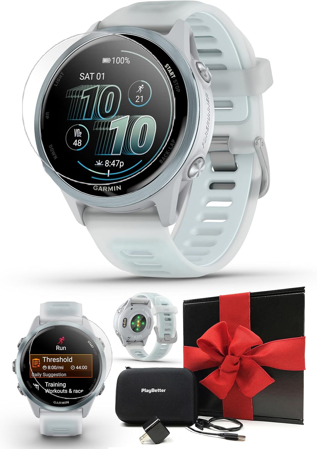 Garmin Forerunner 570 (42 mm, Cloud Blue/Translucent Whitestone) Running GPS Smartwatch - AMOLED Display, Training - Gift Box Bundle with PlayBetter HD Screen Protectors, Wall Adapter & Case