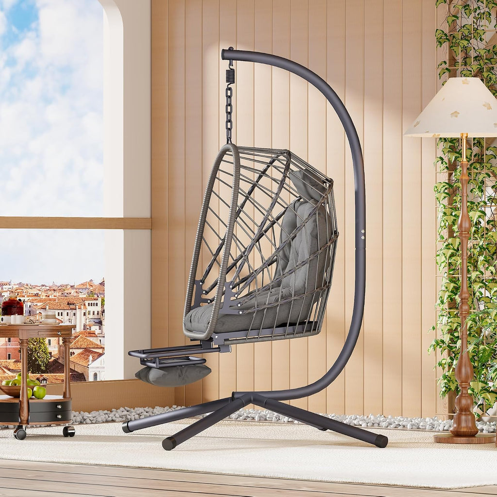 Outdoor Swing Egg Chair with Stand and Footrest, Comfy Patio Hammock Hanging Rocking Egg Chair with Cushion for Bedroom Indoor, Dark Gray