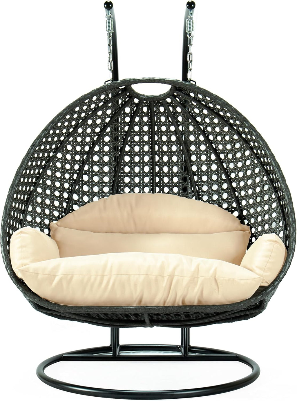 LeisureMod 2-Person Hanging Egg Chair with Stand, Dark Grey Cushions, Indoor Outdoor Wicker Patio Swing, Lounge Hammock Seat for Bedroom, Garden, Porch, Heavy-Duty Steel Frame (Cream)