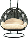 LeisureMod 2-Person Hanging Egg Chair with Stand, Dark Grey Cushions, Indoor Outdoor Wicker Patio Swing, Lounge Hammock Seat for Bedroom, Garden, Porch, Heavy-Duty Steel Frame (Cream)