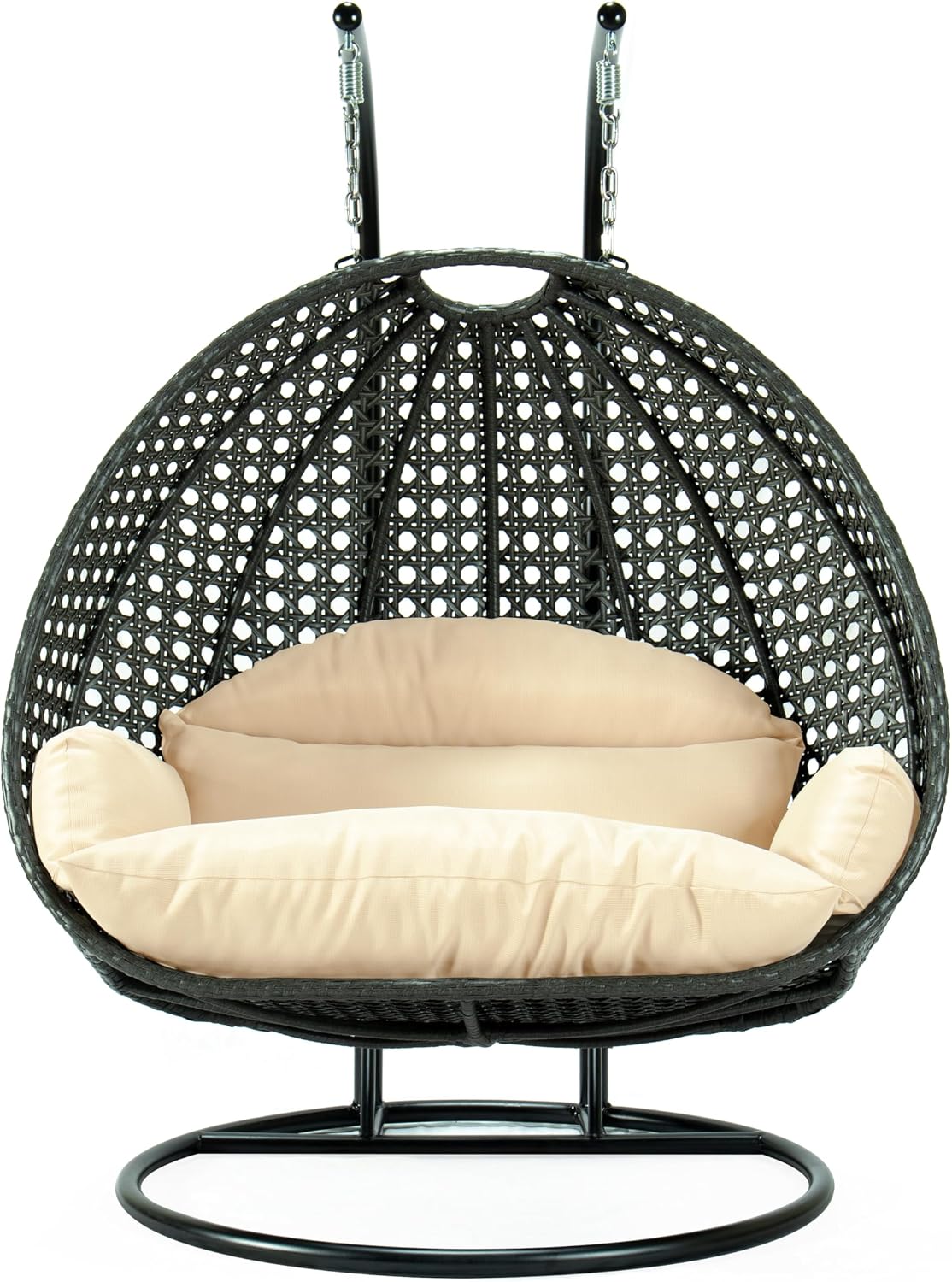 LeisureMod 2-Person Hanging Egg Chair with Stand, Dark Grey Cushions, Indoor Outdoor Wicker Patio Swing, Lounge Hammock Seat for Bedroom, Garden, Porch, Heavy-Duty Steel Frame (Cream)
