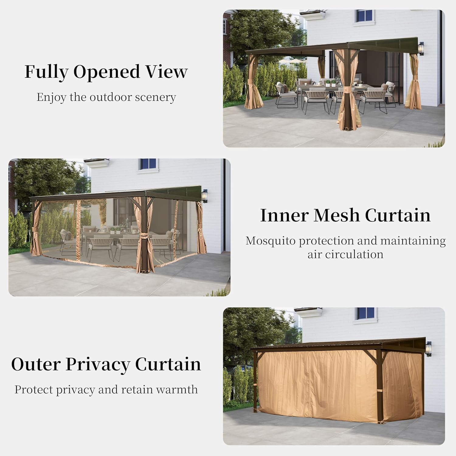 DOMI 12x14FT Lean to Gazebo, Outdoor Hardtop Wall Mounted Gazebo with Sloping Galvanized Steel Roof, Durable Aluminum Frame, Netting Curtain for Deck, Porch, Backyard