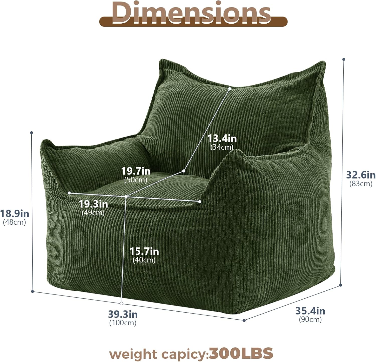 EBENCHICO Giant Bean Bag Chair Sofa for Adults Teens, Comfy Corduroy Large Bean Bag Chairs with Armrests for Bedroom Living Room, Adult BeanBag Lazy Sofa Couch Chairs with Filler Included