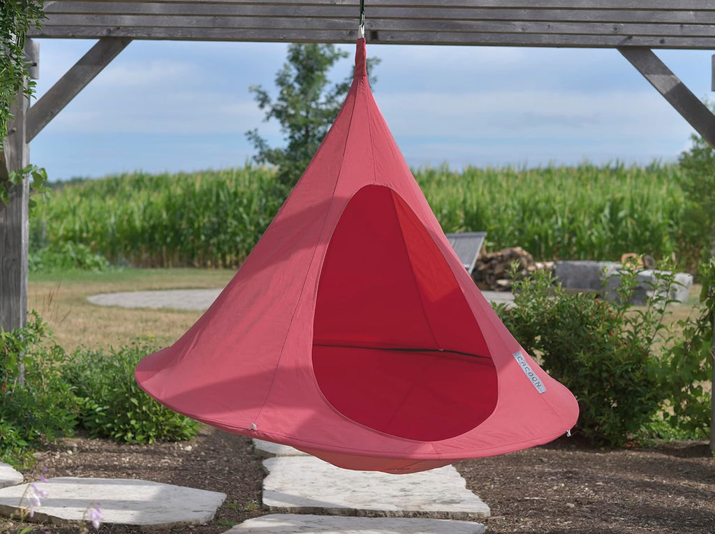 Double Cacoon Hanging Chair for Two – Cozy Indoor/Outdoor Hammock with Polyester Canvas, 440 lb Capacity, Includes 18ft Rope & Carabiner (Coral Rose)