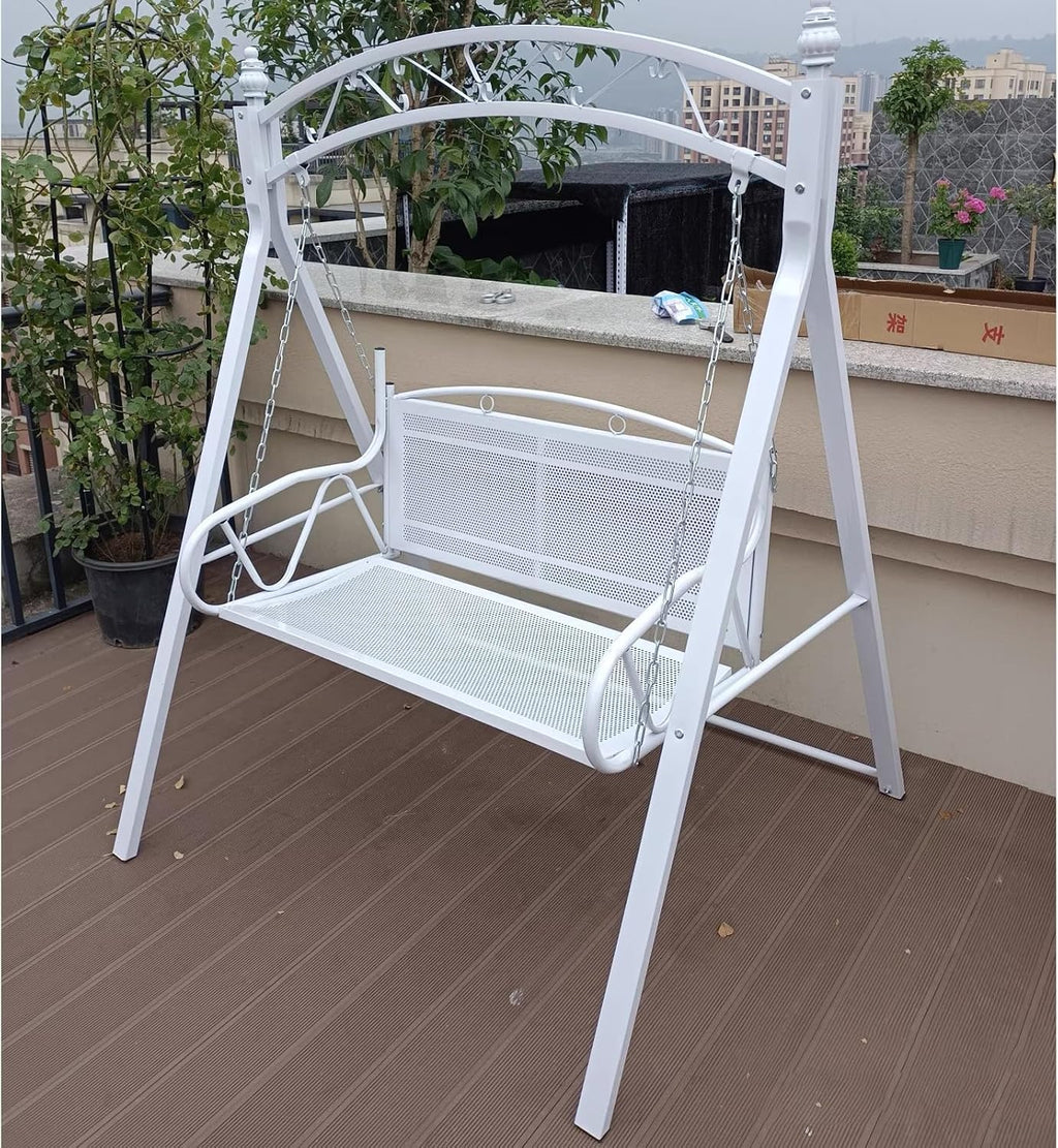 Upgraded Metal Patio Porch Swing with A-Frame Stand Heavy Duty Metal Hanging Porch Swing Chair Patio Hanging Bench Swing with Adjustable Chains for Garden, Balcony, Living Room (White)