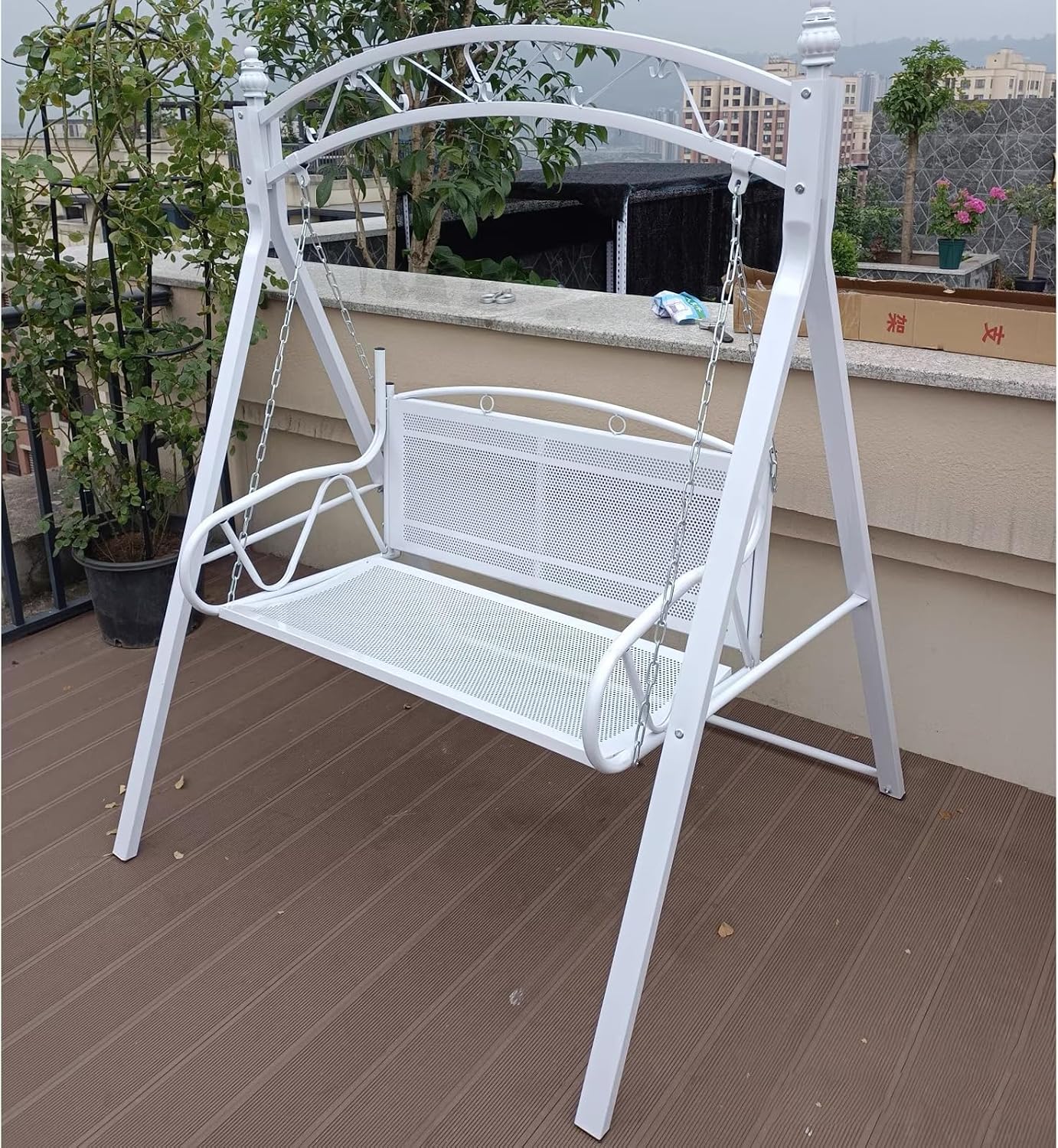 Upgraded Metal Patio Porch Swing with A-Frame Stand Heavy Duty Metal Hanging Porch Swing Chair Patio Hanging Bench Swing with Adjustable Chains for Garden, Balcony, Living Room (White)