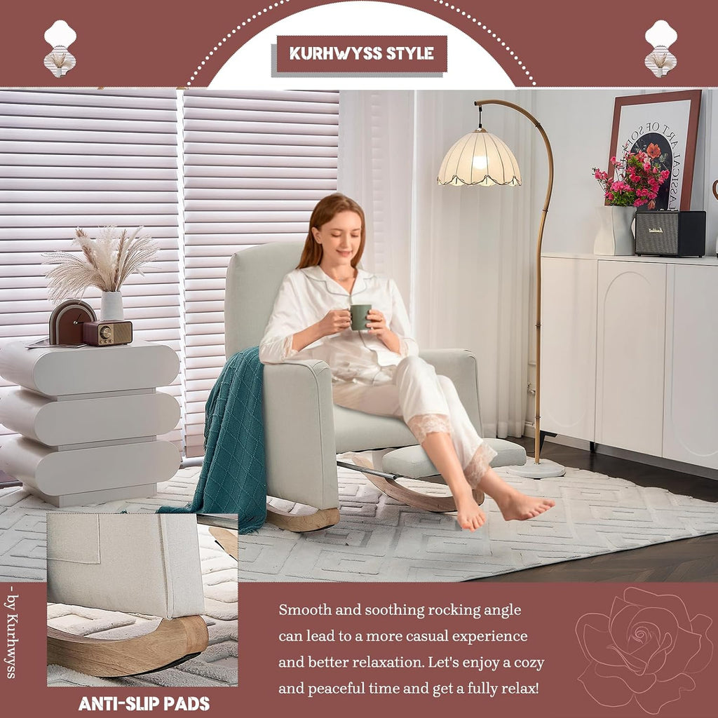 Modern Rocking Chair Nursery, Comfy Glider Nursery Chair with Foot Rest, Upholstered Rocker with Pocket, Accent Reading Armchair with Solid Wood Base for Living Room, Bedroom, Lounge Room (Beige)