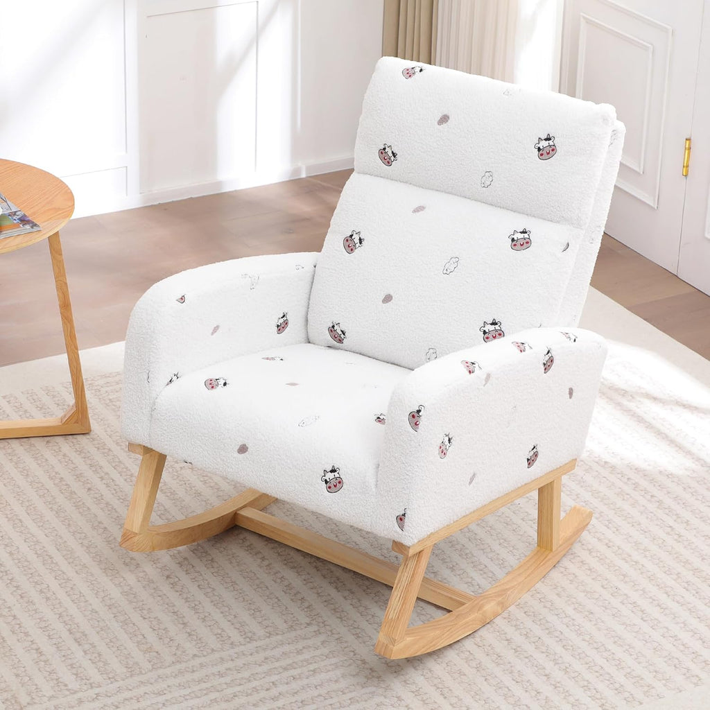 HCHAIRH Rocking Chair Nursery, Sherpa Nursing Rocking Chairs, Upholstered Nursery Glider Rocker for Mom Nursery Morden Rocking Chair with Side Pocket for Living Room,Bedroom,Teddy White Cow Printed