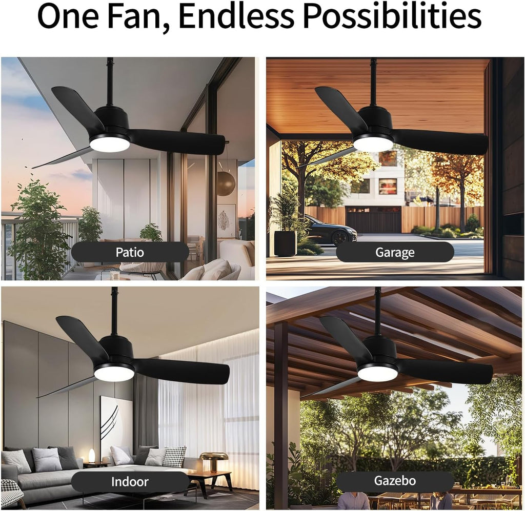 44'' Outdoor Ceiling Fan with Dimmable 3-Color LED Light, IP65 Waterproof for Patios Gazebos,Quiet DC Motor with 6 Speeds and Reversible Function, Remote Control for Patios, Industrial Style