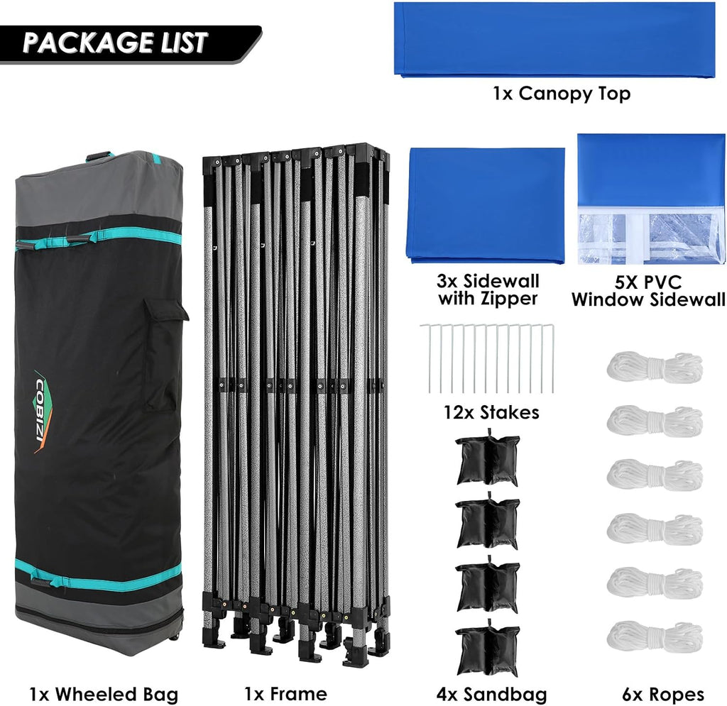 COBIZI 10x30 Pop up Canopy with 8 Removeable Sidewalls, Heavy Duty Party Tents for Parties, Events and Weddings, UPF 50+ Waterproof Commercial Tent with Roller Bag, Blue (Windproof Upgraded)