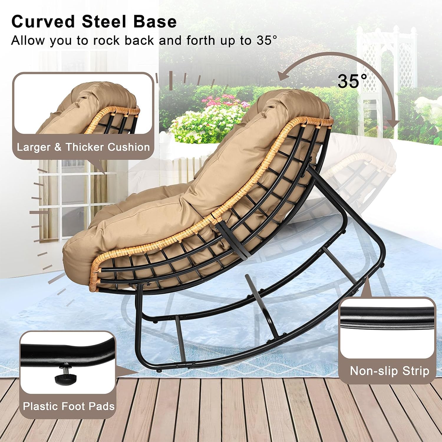 Outdoor Egg Rocking Chair, Indoor Papasan Rocking Chair with Thick Cushion, Modern Lounge Rocker for Balcony, Living Room, Bedroom, Porch, Lawn, Garden (Yellow)