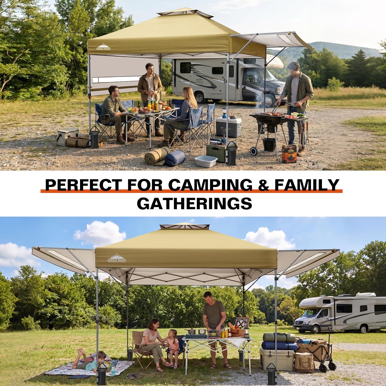 EAGLE PEAK 17x10 Pop up Gazebo Canopy Tent Outdoor Instant Canopy Shelter with Adjustable Dual Half Awnings (Beige)