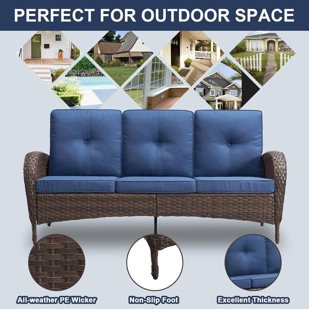 Belord Patio Rocking Chairs Furniture Set of 6, Outdoor Wicker Furniture Sets with Wicker Rocker, Small Patio Conversation Sets with Outdoor Couch Ottomans Brown/Blue