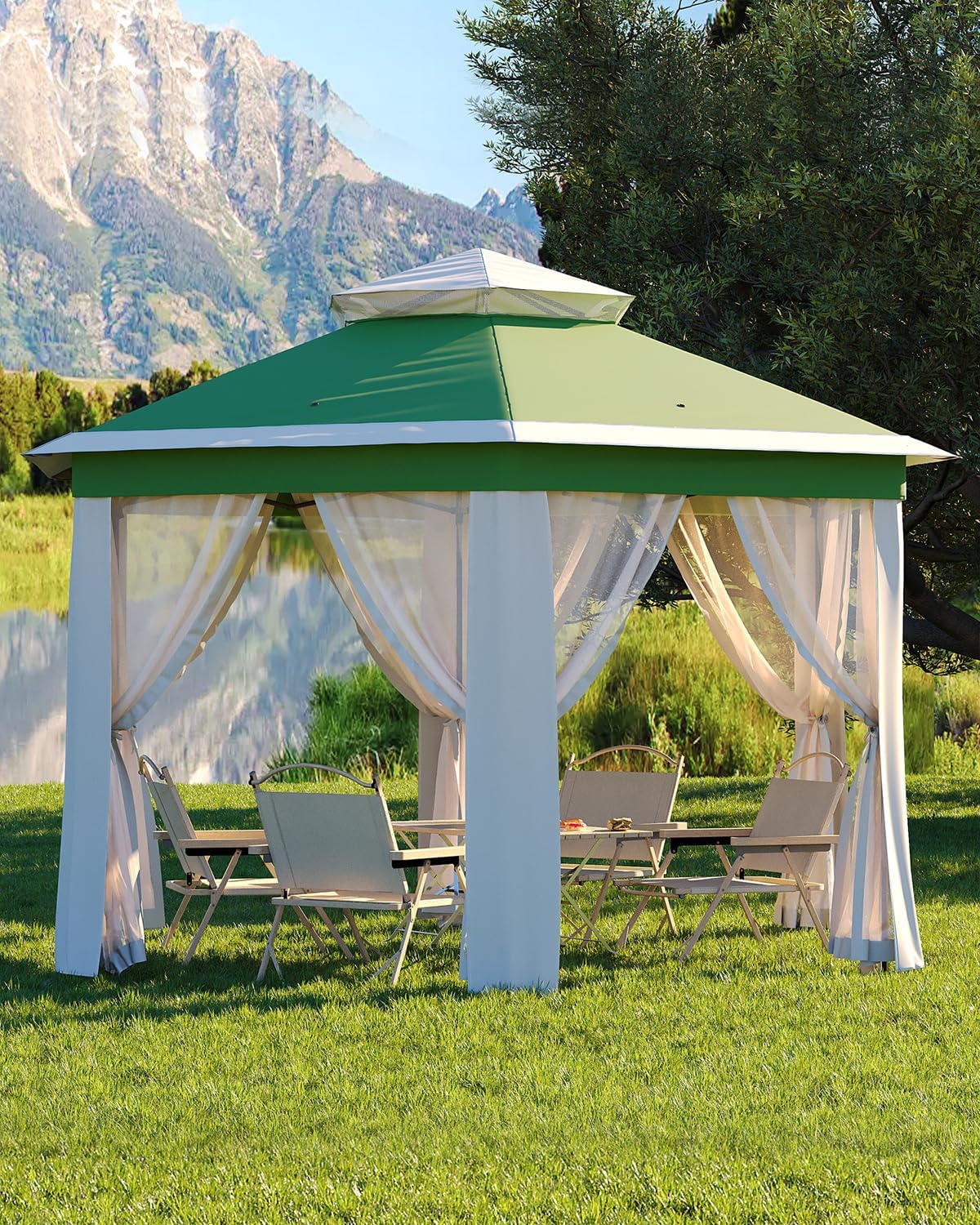 GarveeLife Pop Up Gazebo 13x13, 6 Side Outside Canopy Tent with Mosquito Netting, One Push Setup for Backyard Patio Garden Activities - Green