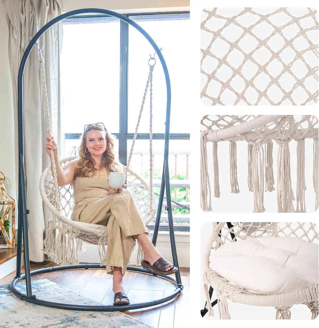 SUNCREAT Hammock Chair with Stand Included, Heavy Duty Hanging Chair with Stand, 330 lbs Capacity, Patent Pending, Beige