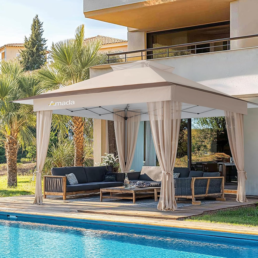 Amada 13x13 Pop Up Gazebo for Backyard & Patio Furniture,Gazebos on Clearance with Wheeled STO-N-Go Cover Bag,Carpa Pop Up Tent Party Tent and Shelter with Mosquito Netting for Lawn,Garden,Deck,Khaki