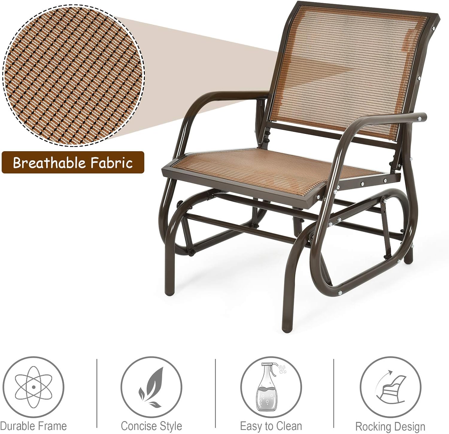 Giantex Swing Glider Chair W/Study Metal Frame Comfortable Patio Chair Love-Seat for Garden, Porch, Backyard, Poolside, Lawn Outdoor Rocking Chair (2, Brown)